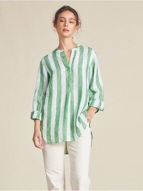 Trovata Birds of Paradis Tori Tunic Green & Blue Vertical Stripe Linen